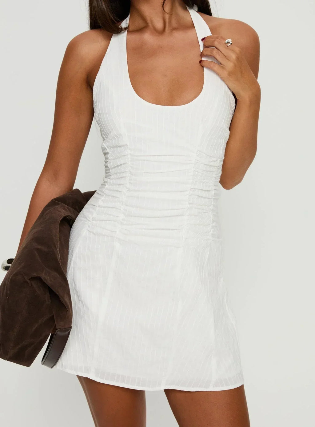 Robe mini froncée à licou Silver Springs blanche