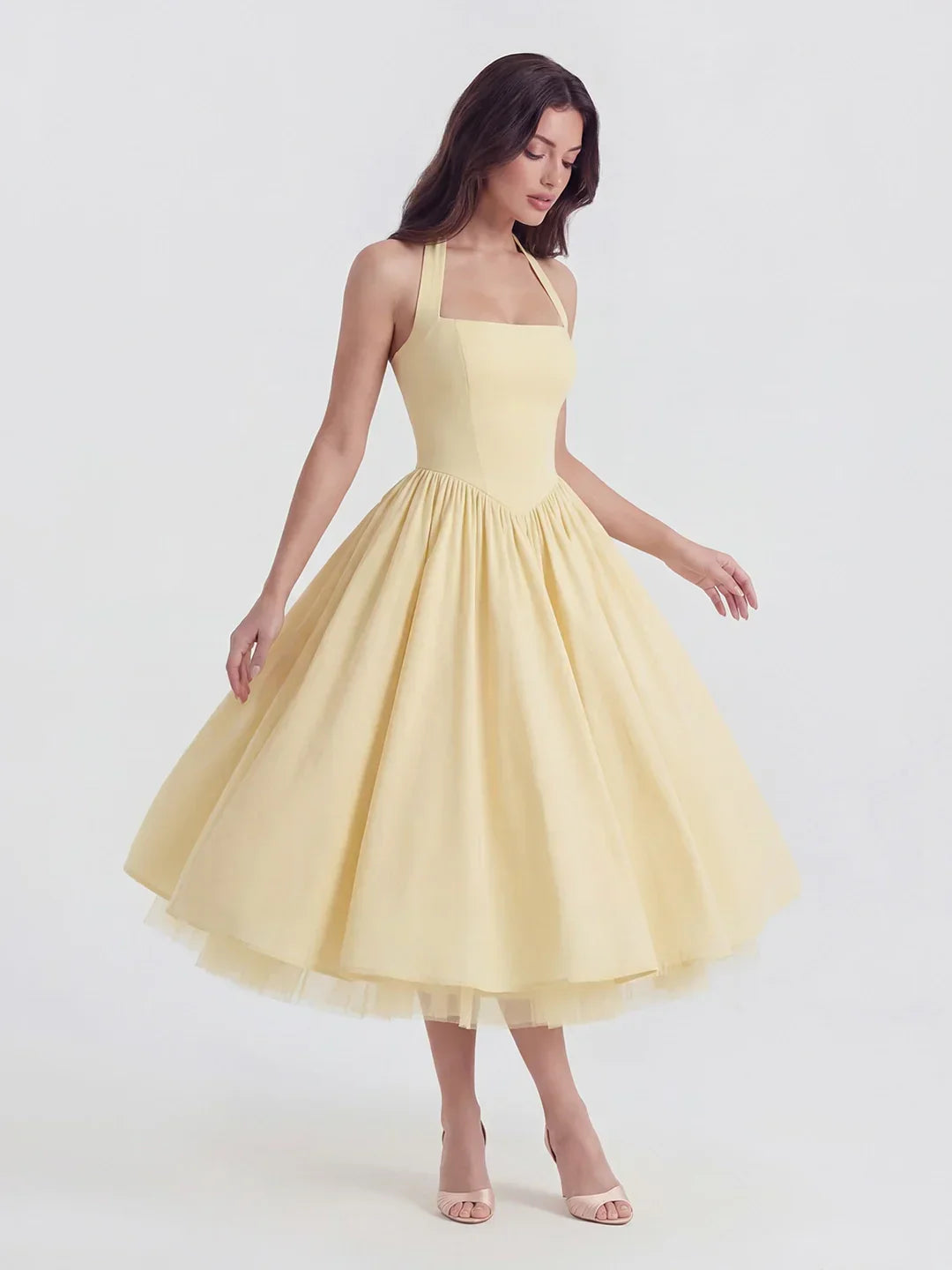 Lace-Up Halter Midi with Exposed Tulle Hem