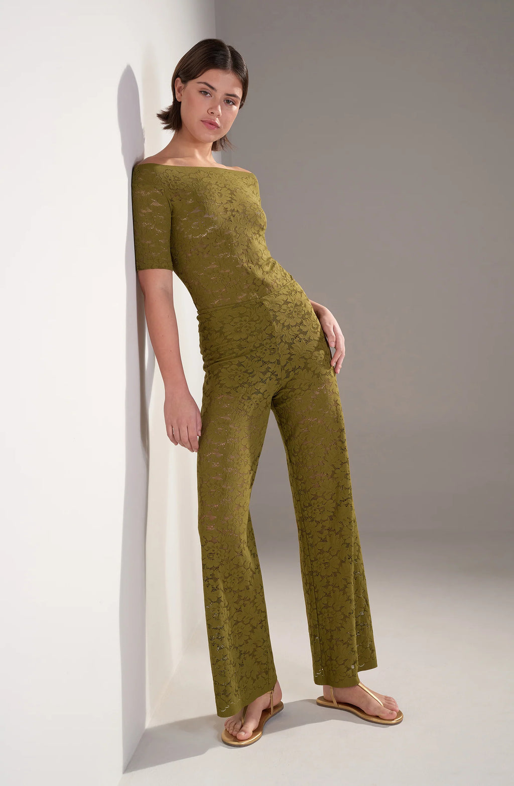 talita Bronze lace boat neck top