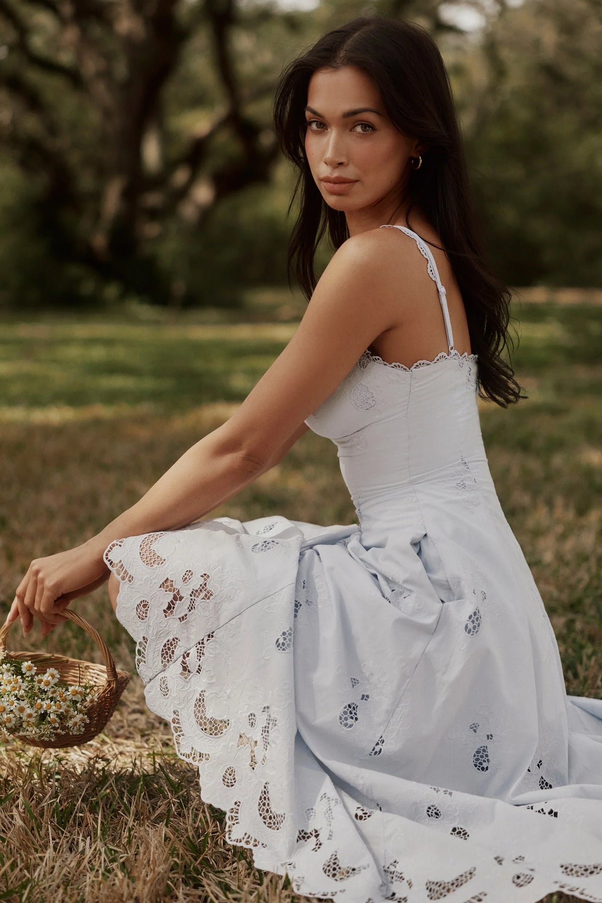 Robe longue midi broderie anglaise en dentelle jacinthe + coton