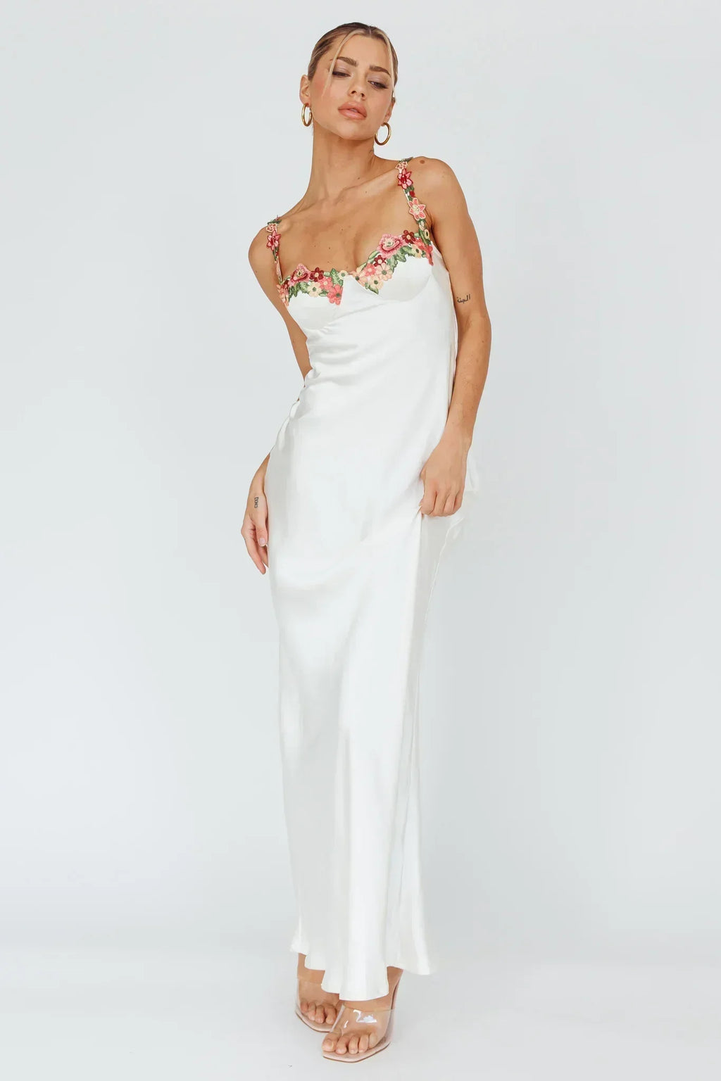 Robe midi Rose Garden en applique florale, couleur huître