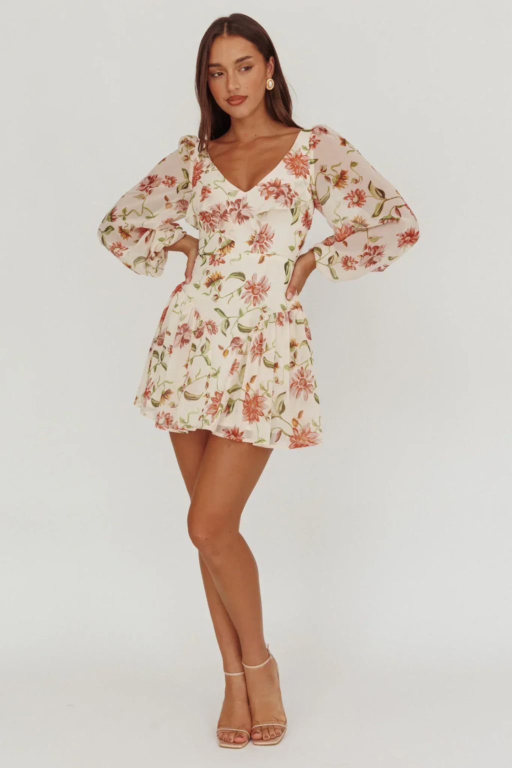 Robe Courte Évasée Manches Ballons Imprimé Fleuri Beige Lucky One