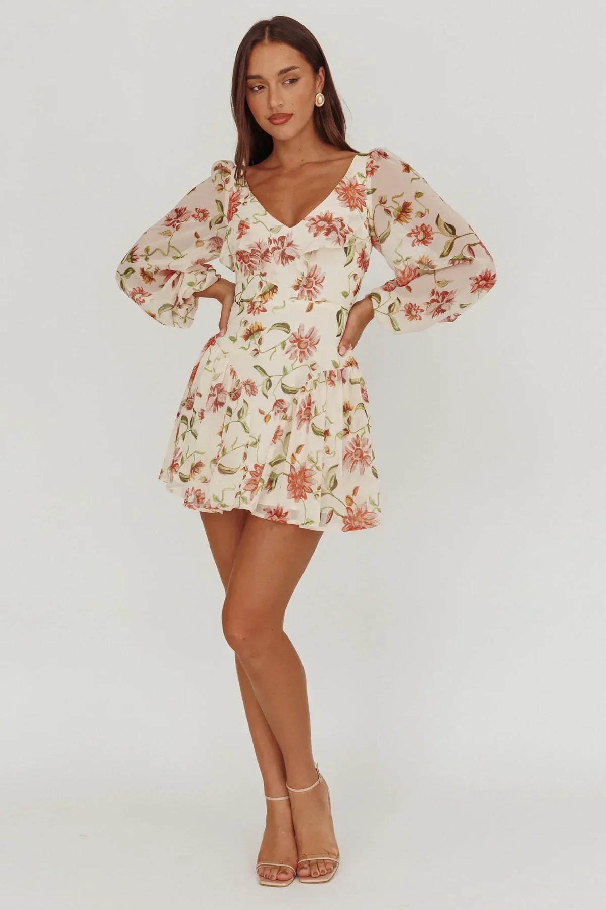 Robe Courte Évasée Manches Ballons Imprimé Fleuri Beige Lucky One