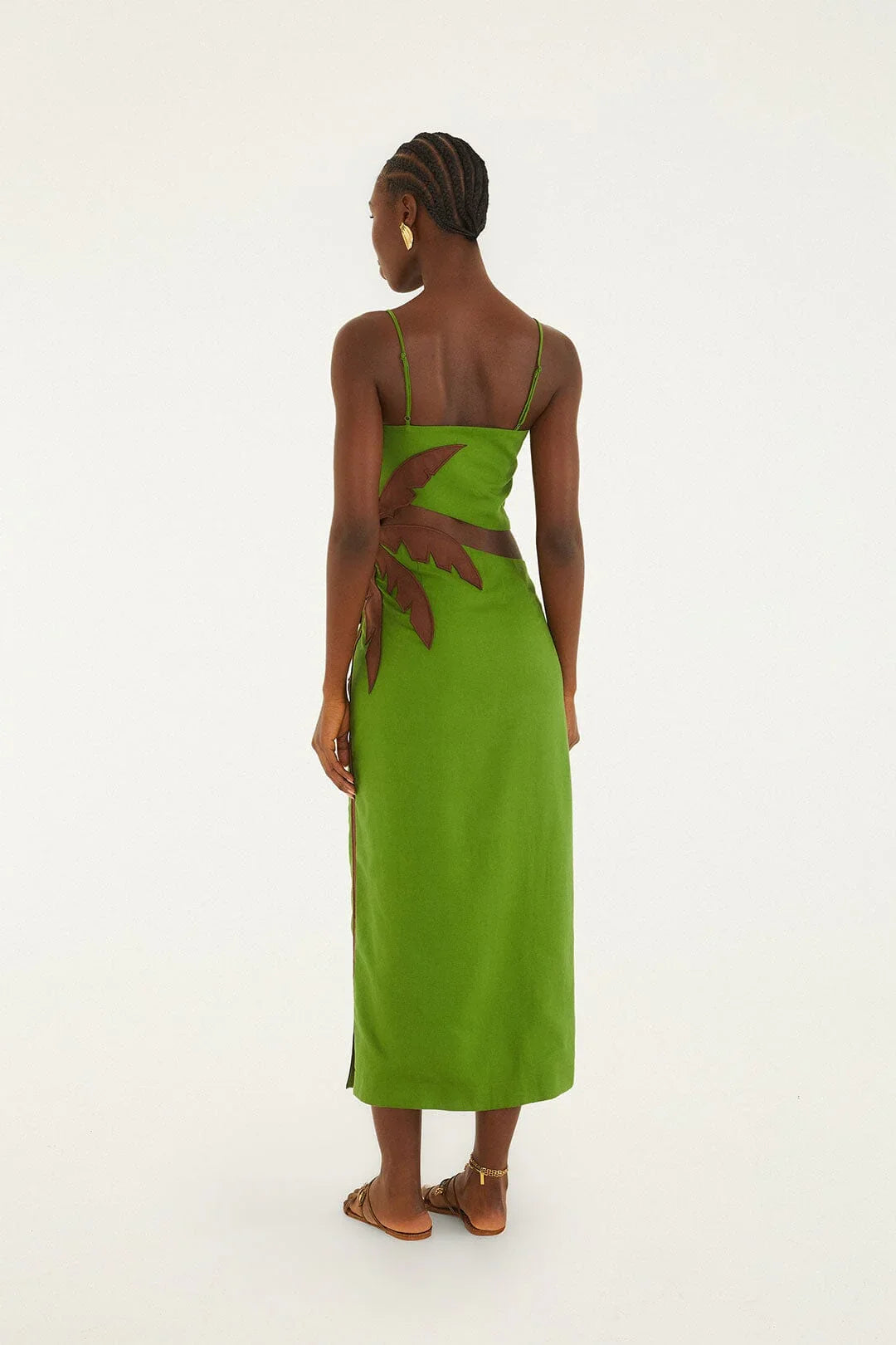Robe midi vert sapin à découpe palmier 3D