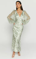 Robe Midi Freollyn - Robe longue à manches longues et col en V profond de couleur Sauge