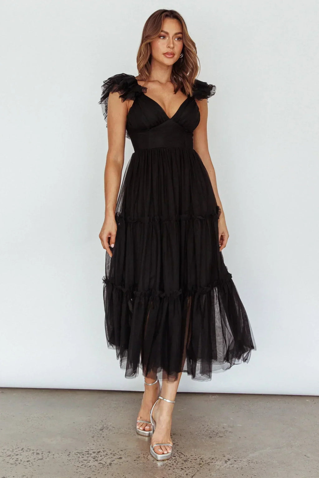 Robe midi en tulle Amal à volants aux épaules Noir