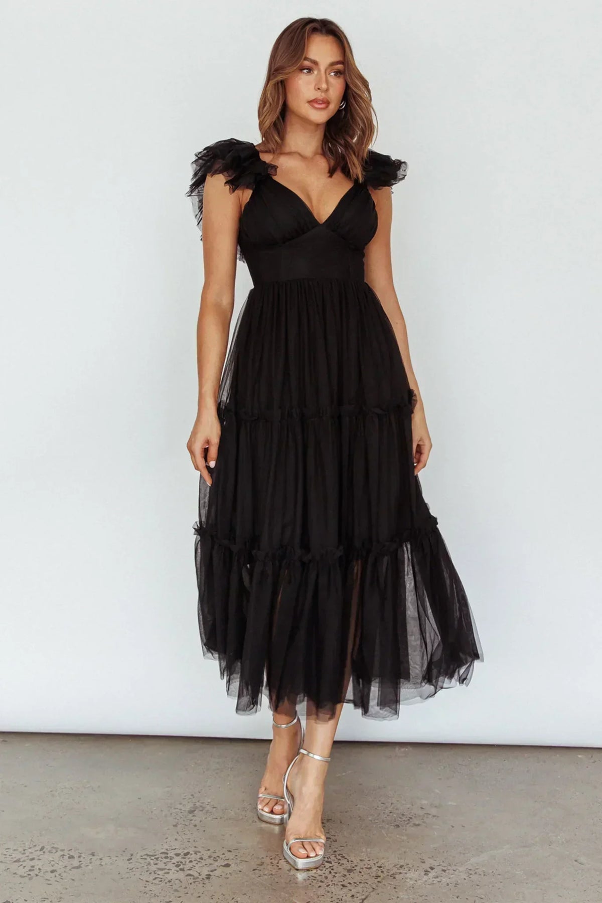Robe midi en tulle Amal à volants aux épaules Noir