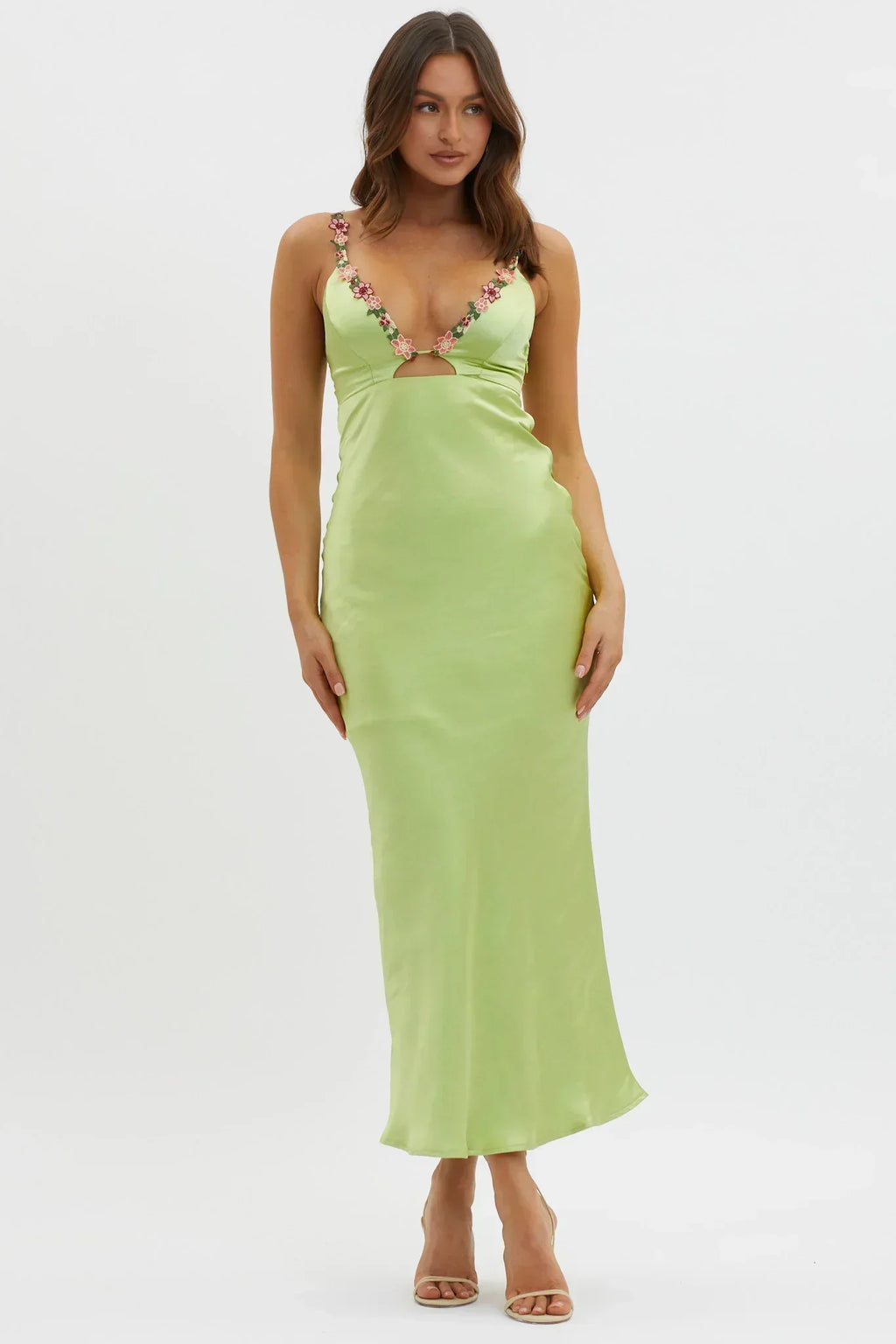 Robe Midi Coupe Muse à Bordure Fleurie Matcha