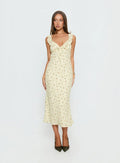 Robe longue Leabelle à volants, col en V, motif floral jaune