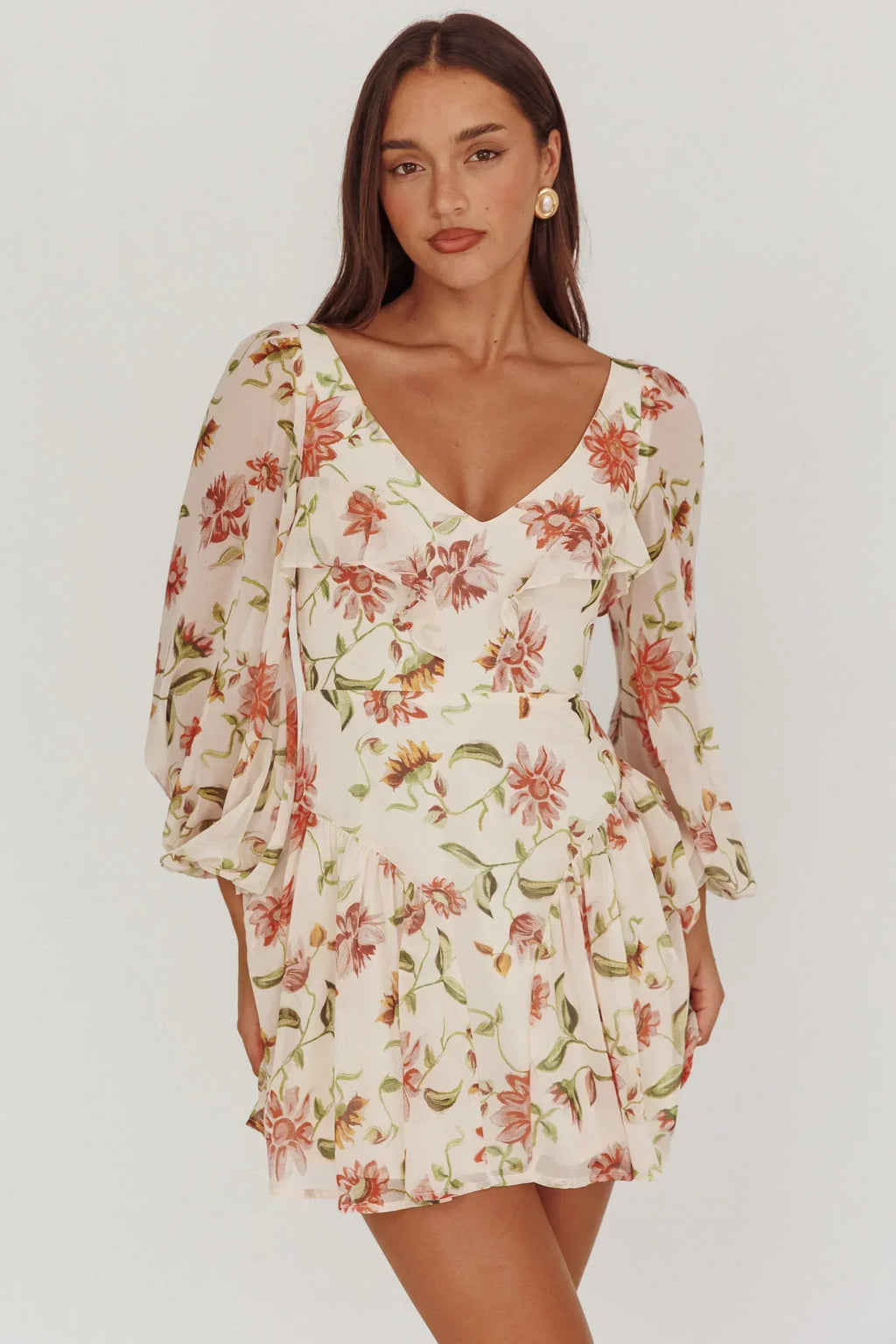 Robe Courte Évasée Manches Ballons Imprimé Fleuri Beige Lucky One