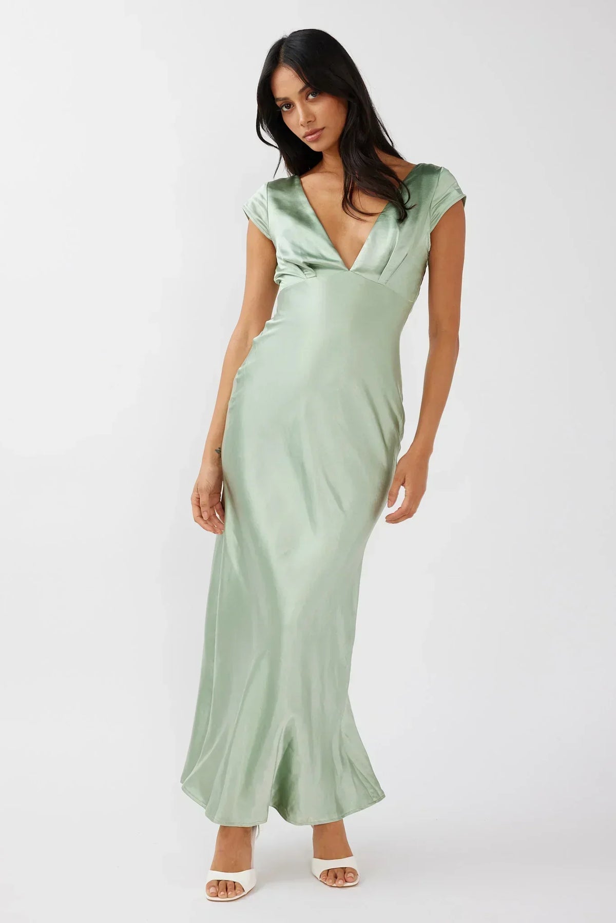 Robe mi-longue Lucinda à col en V et dos torsadé sauge