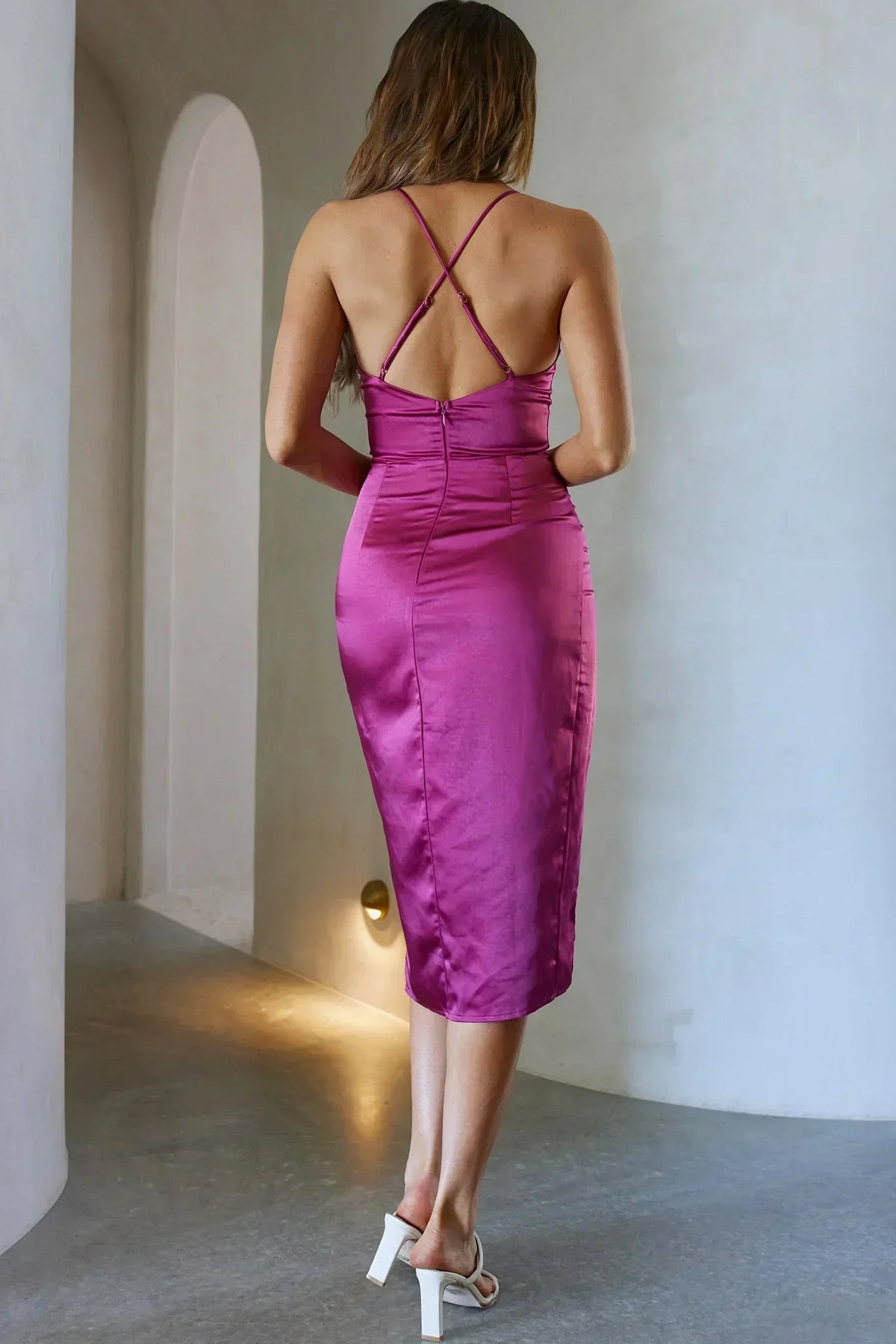 Robe midi Zephira dos croisé fuchsia
