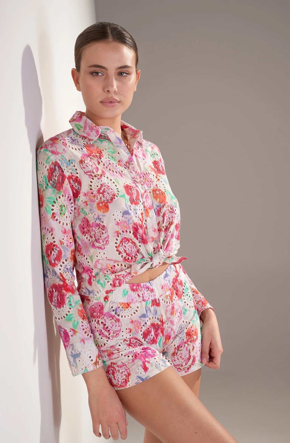 cyntia Button-down shirt in printed English embroidery