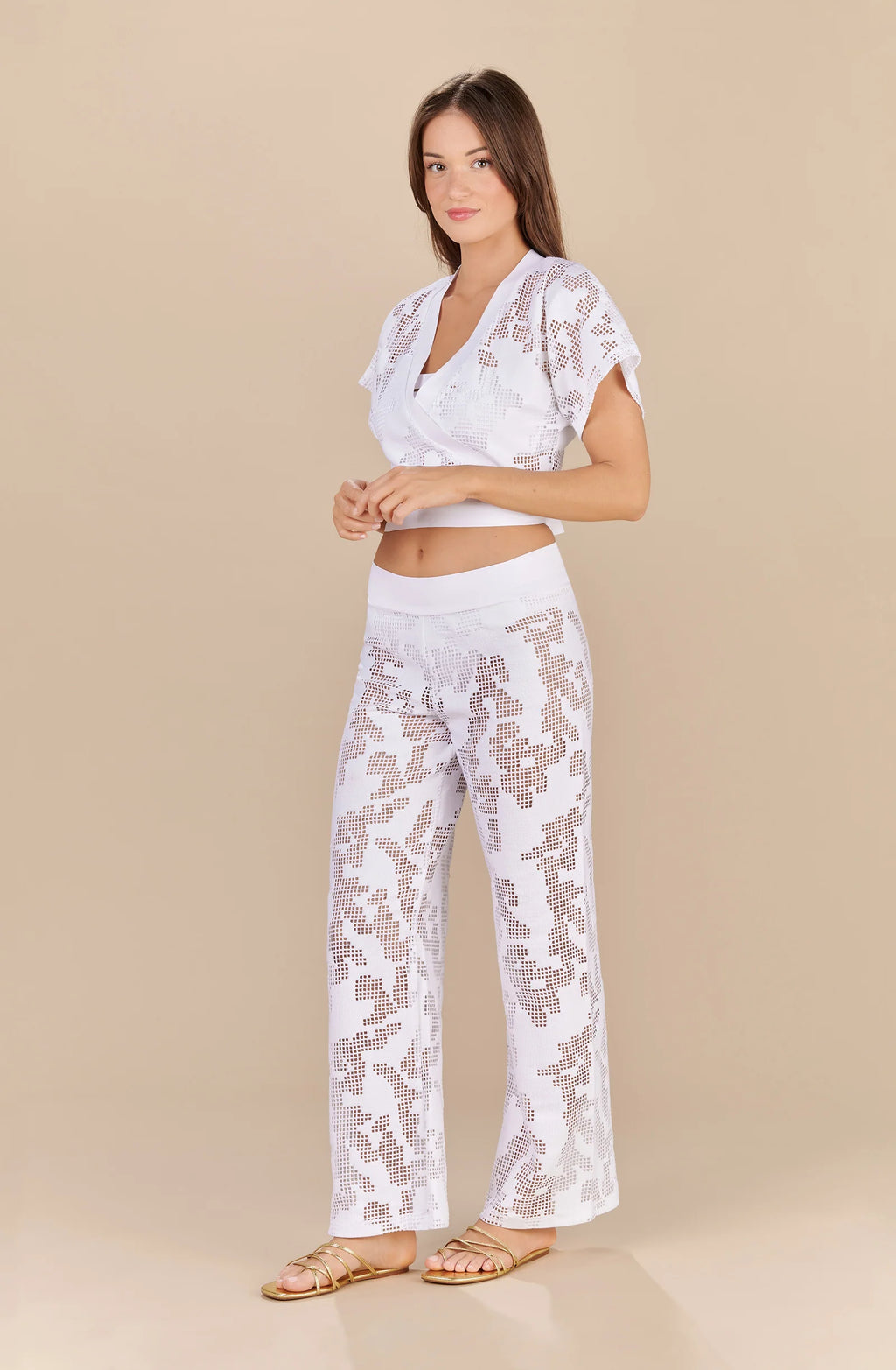 manoa White perforated fishnet wrap top