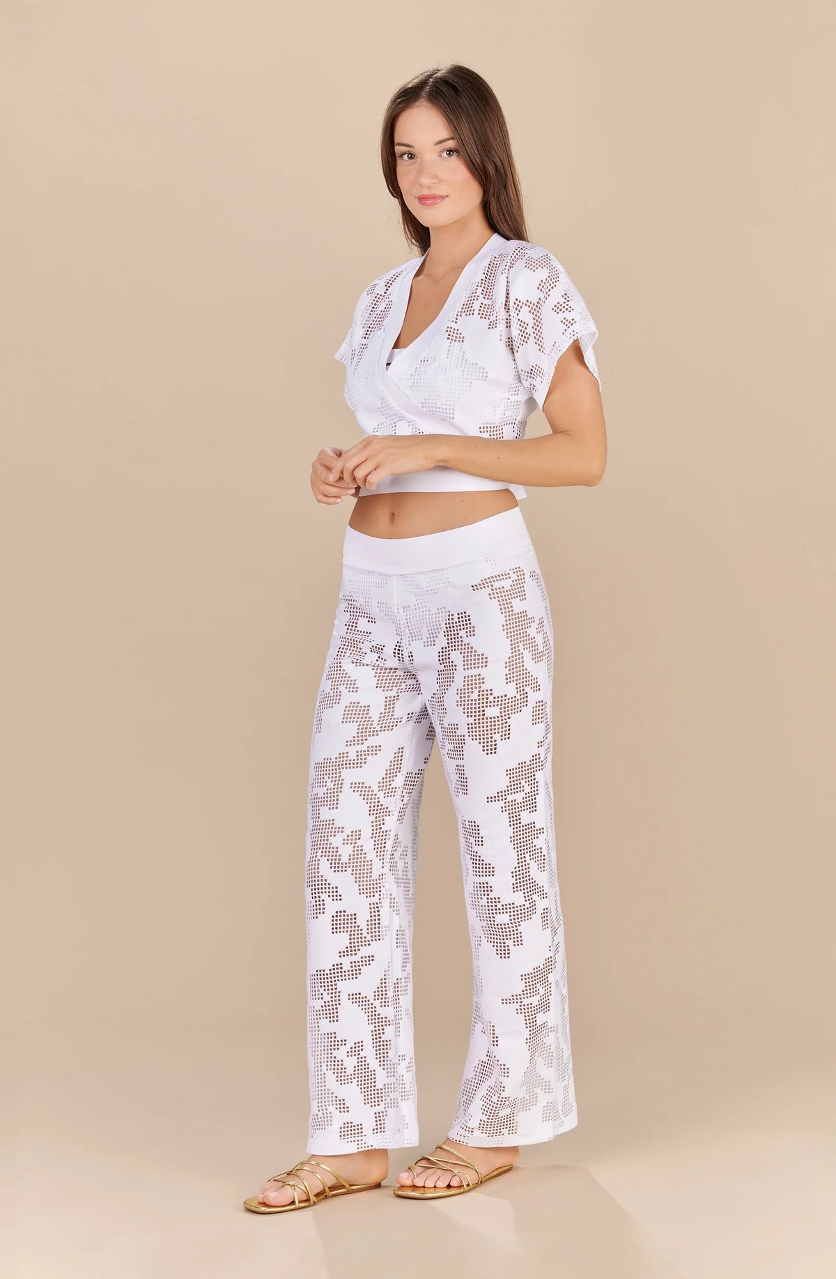 manoa White perforated fishnet wrap top