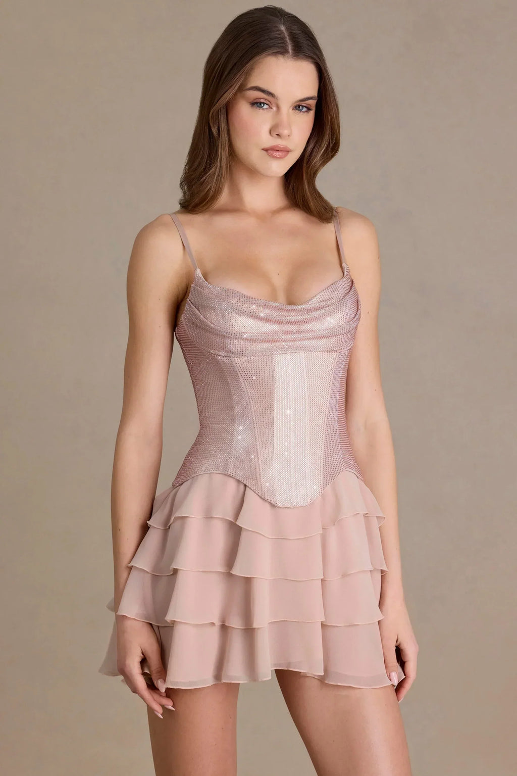 Premium Embellished Corset Mini Dress in Beige Gold