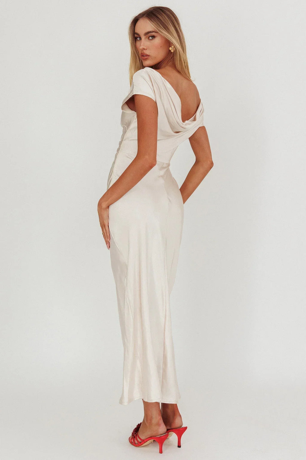 Robe midi Loveland à manches courtes et dos bénitier - Champagne