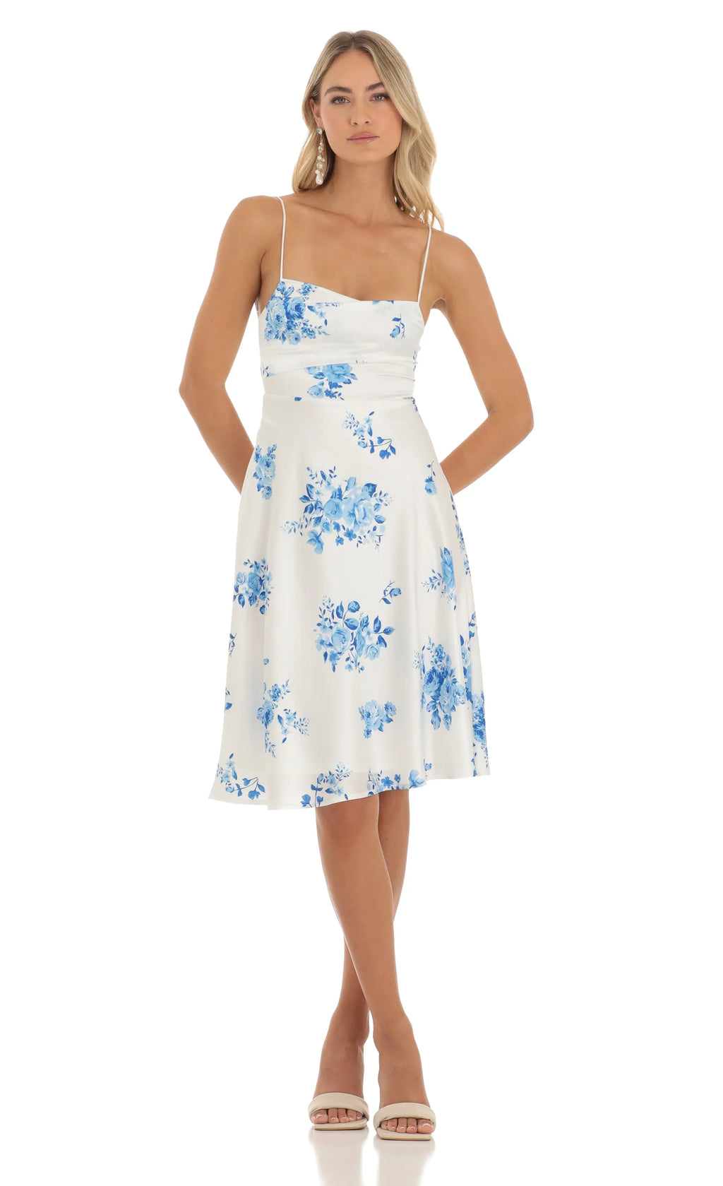 Satin Floral Midi Dress in White