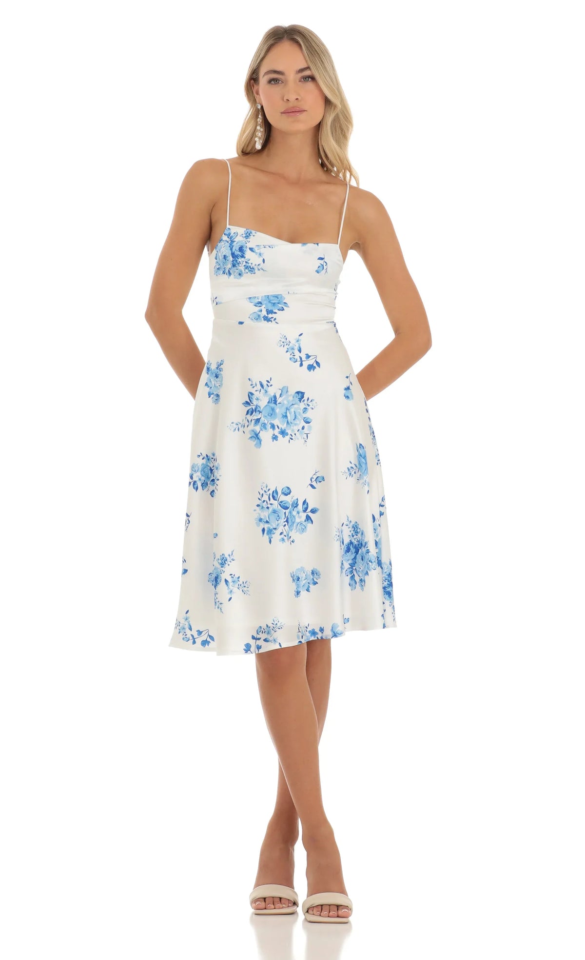 Satin Floral Midi Dress in White