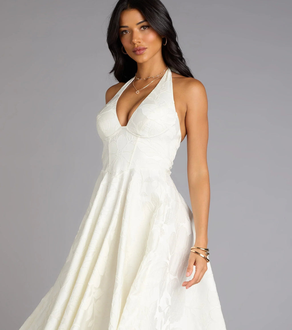 Robe de soirée mi-longue évasée à licou et lacets Ellen
