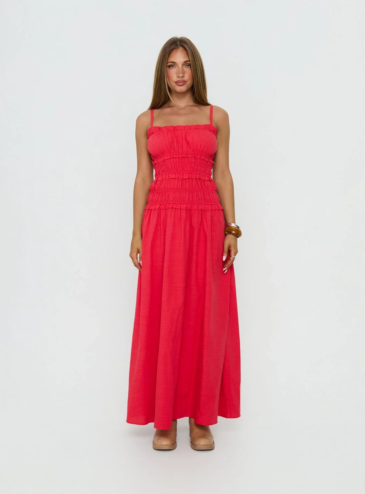 Robe longue froncée Rubiella rouge