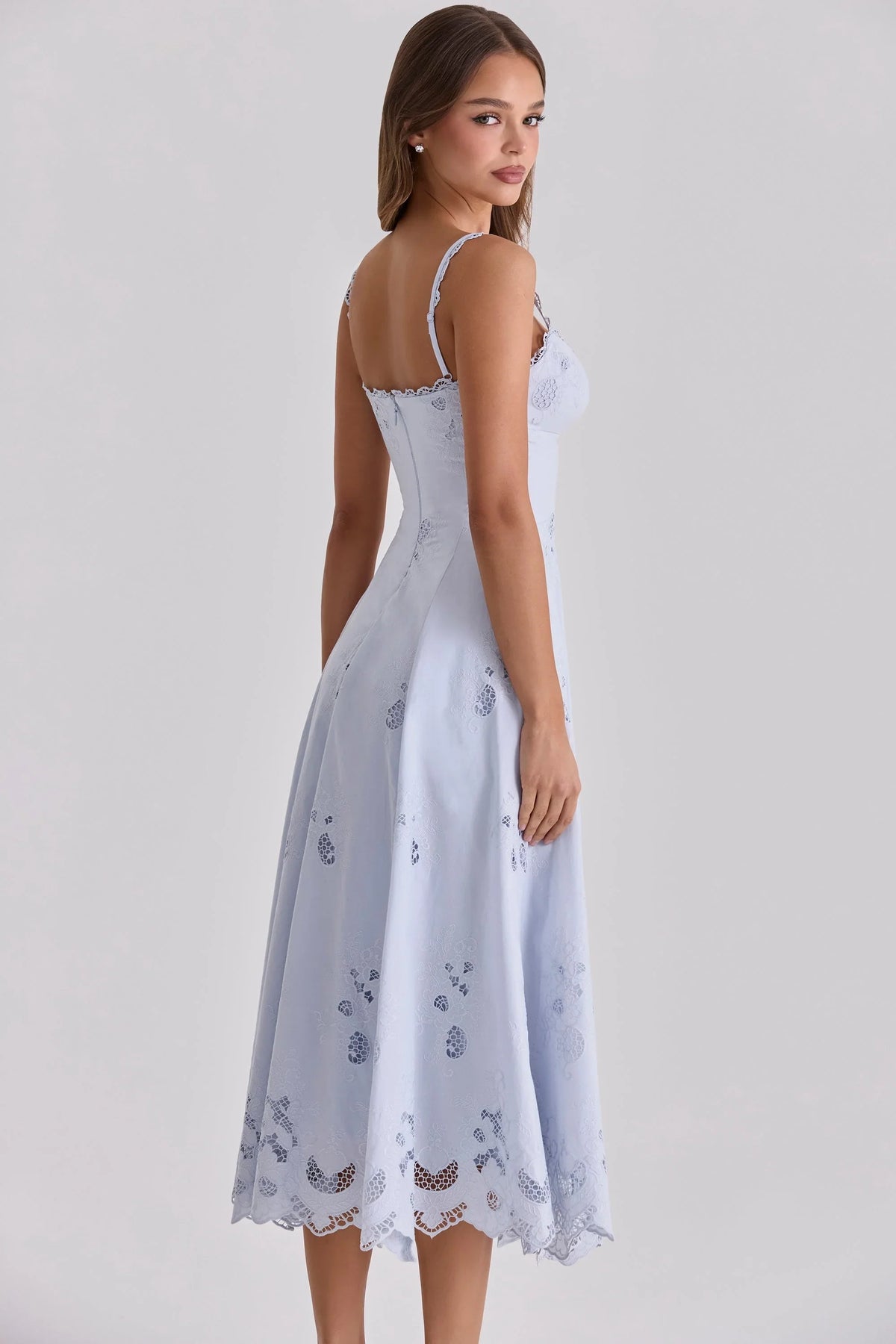 Robe longue midi broderie anglaise en dentelle jacinthe + coton