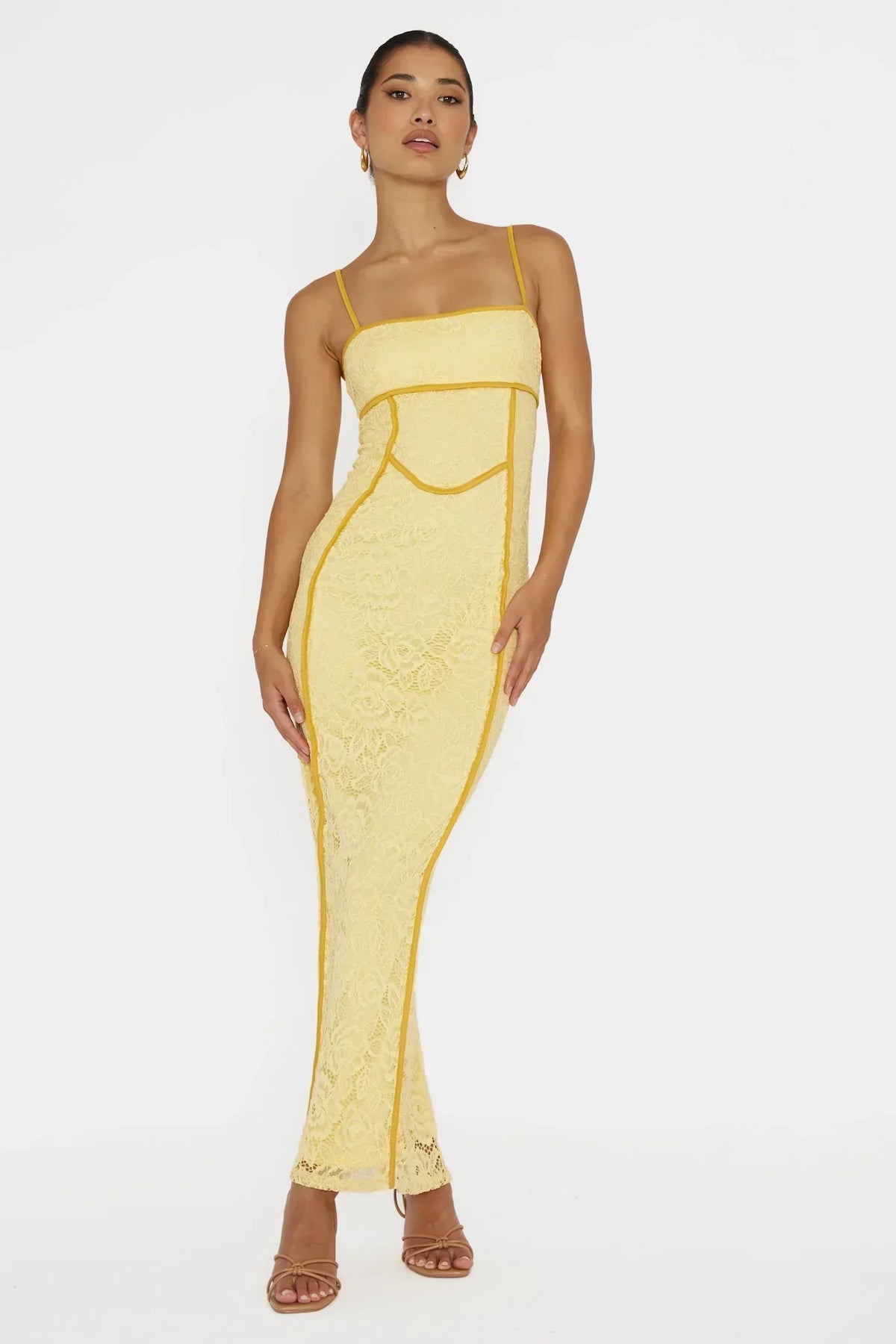 Robe midi Inga jaune à liseré en dentelle