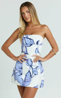 Mini-robe Catharine - Robe bustier trapèze à imprimé floral bleu