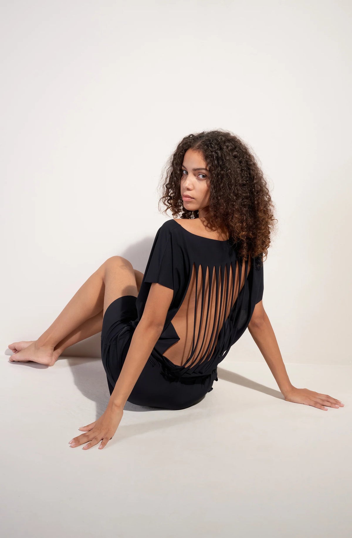 thao Short jade loose-fitting tunic in stretch voile