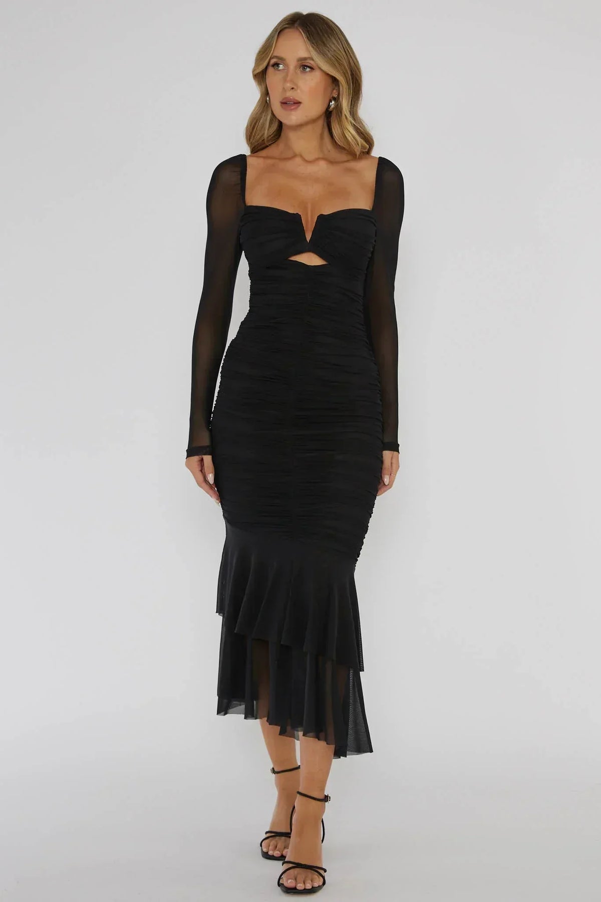 Robe midi noire Nadia à manches longues et coupe sirène