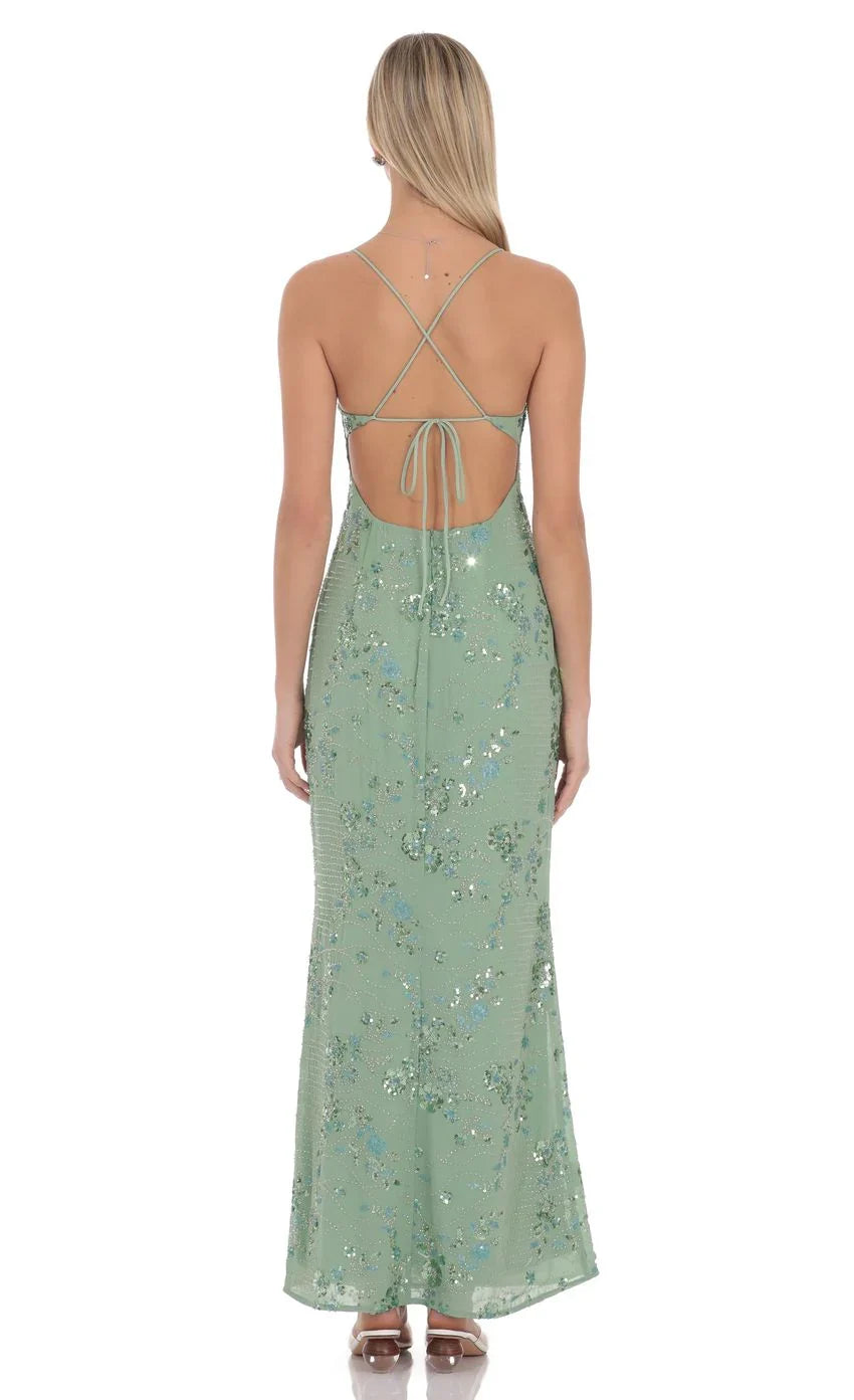 Robe longue Lilia ornée de perles, vert