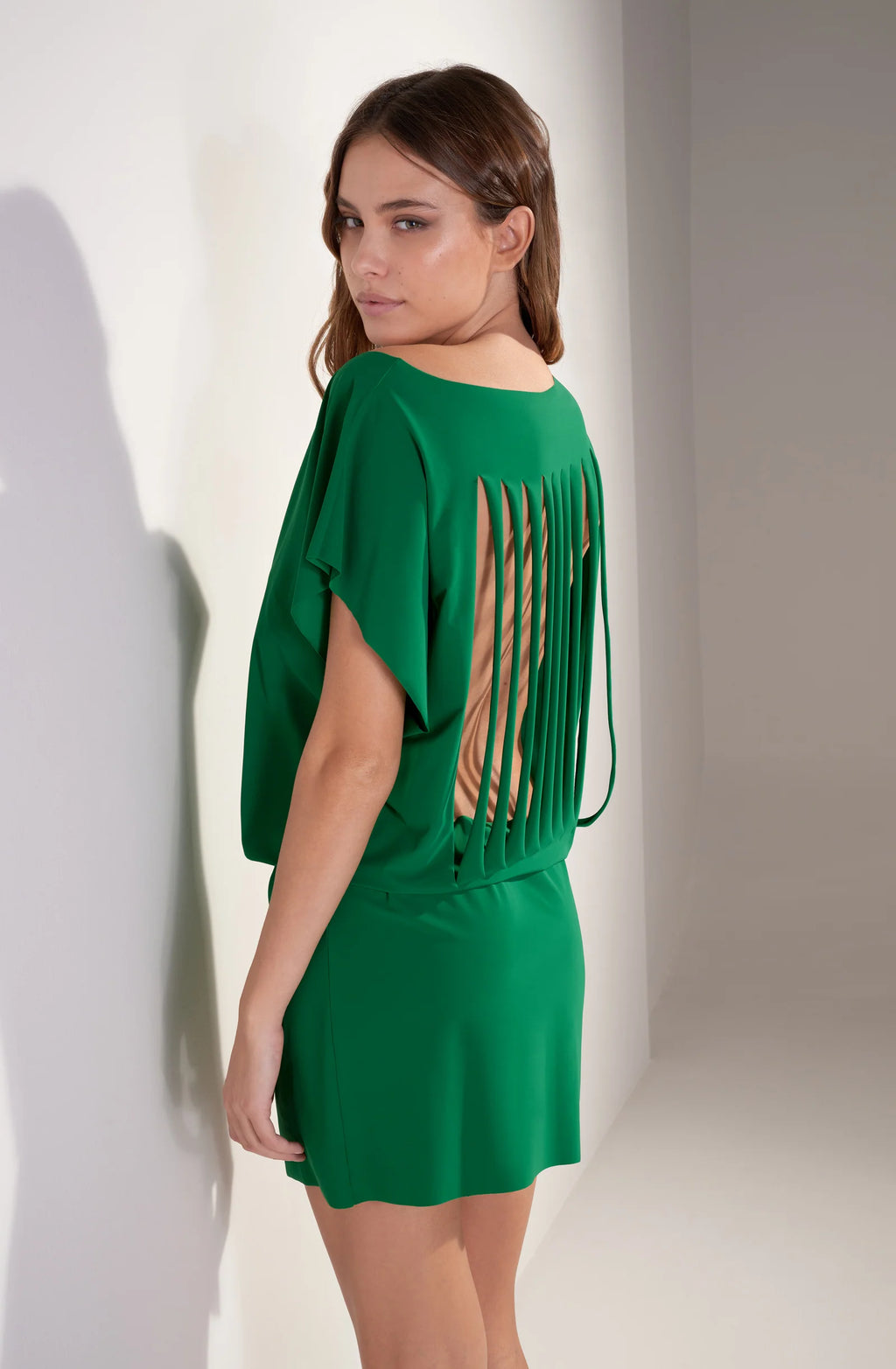 thao Short jade loose-fitting tunic in stretch voile