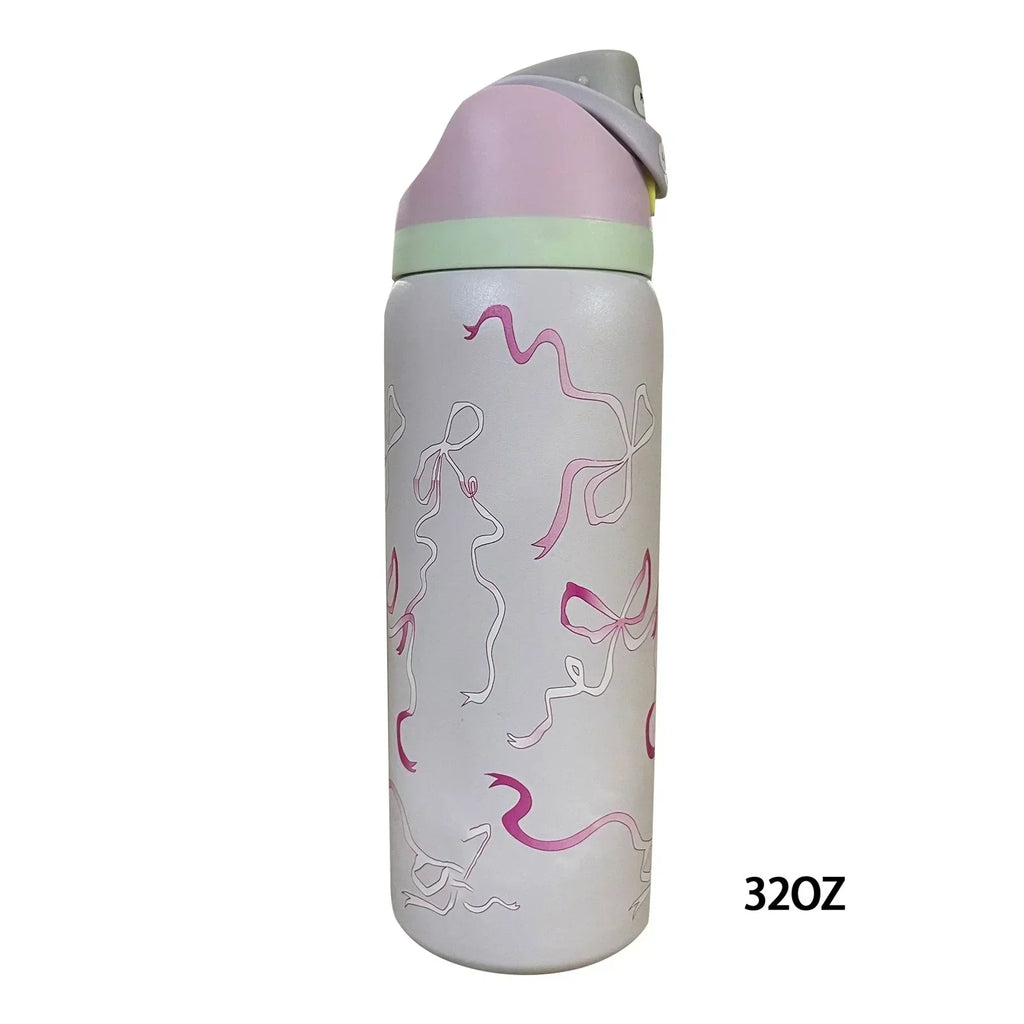 Bouteille d'eau Owala Special Edition en acier inoxydable de 946 ml avec FreeSip, motif nœuds et rubans roses