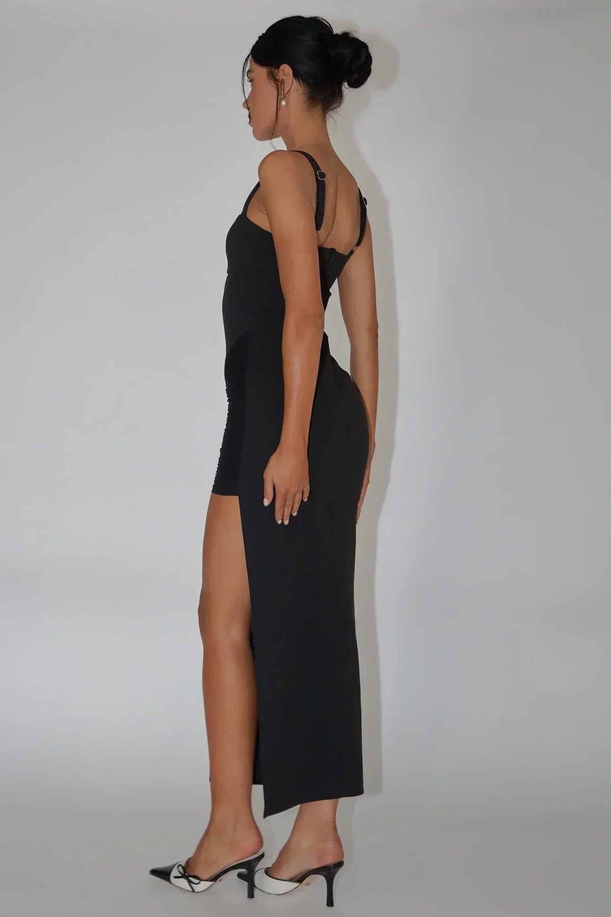 Robe midi fendue froncée Zenya noire