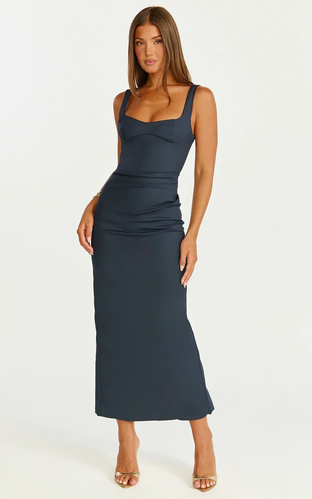 Robe midi Benita - Robe ajustée froncée à col rond de couleur bleu marine