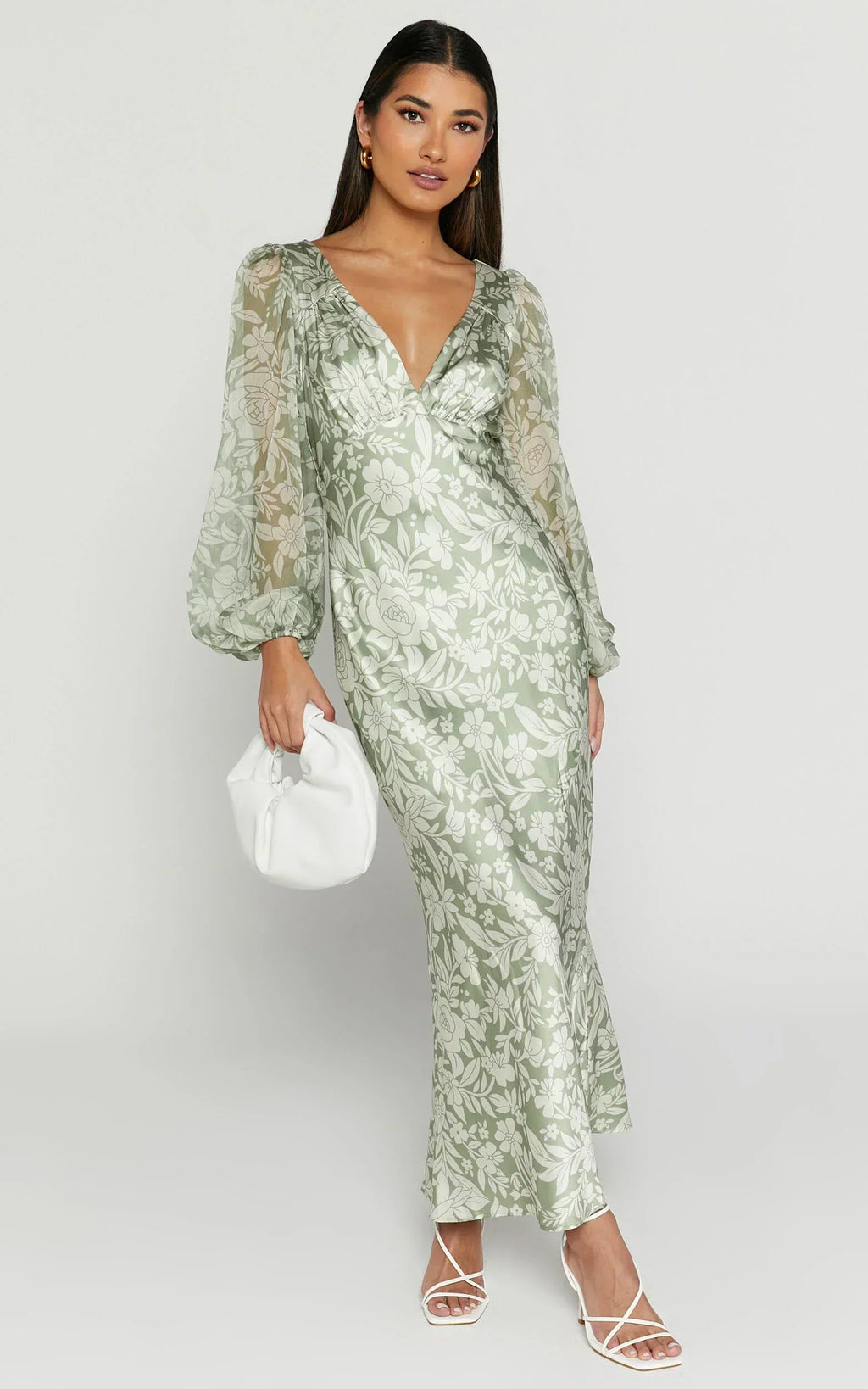 Robe Midi Freollyn - Robe longue à manches longues et col en V profond de couleur Sauge