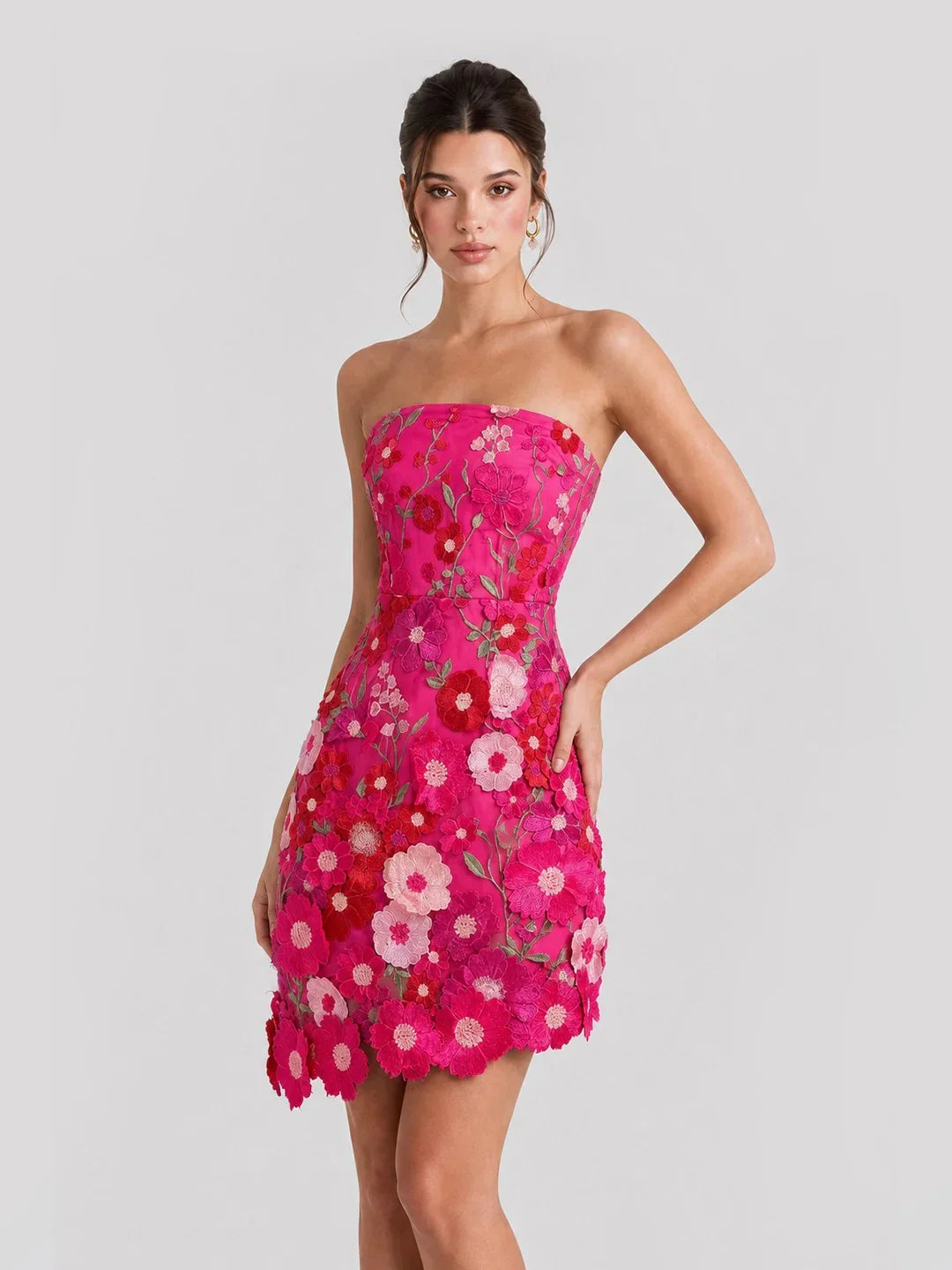 Robe mini bustier en tulle avec appliqués floraux 3D