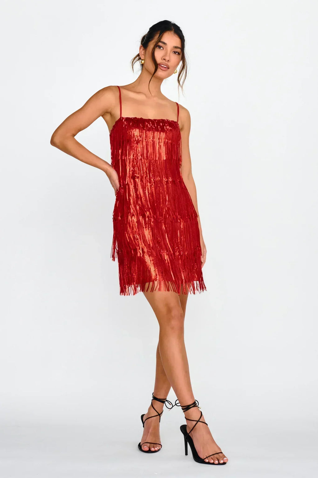 Robe courte à franges et sequins New York Nights rouge