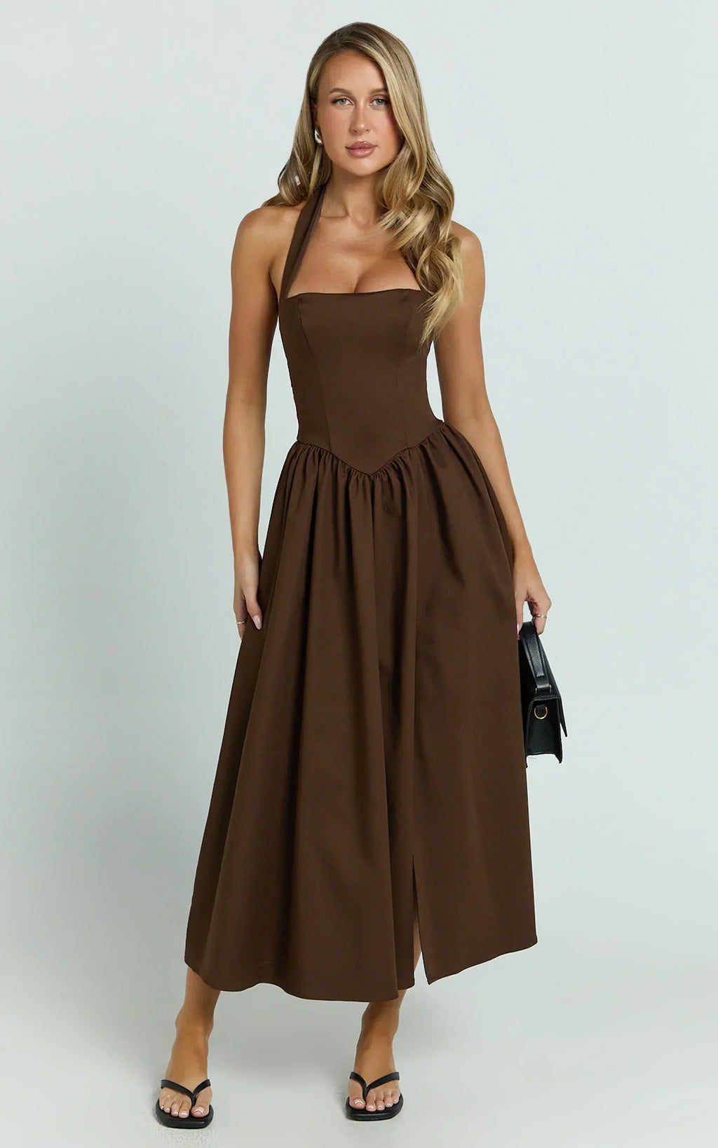 Robe midi Helda – Robe à panneau corset avec licou à nouer couleur chocolat