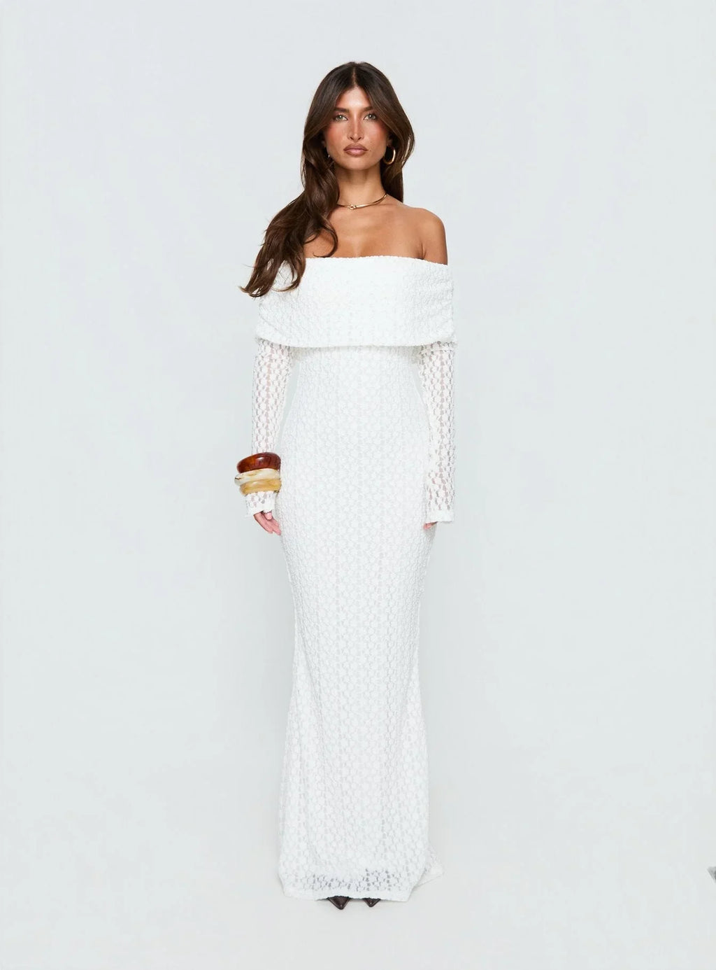 Robe longue Sofenna à manches longues et épaules dénudées, blanche