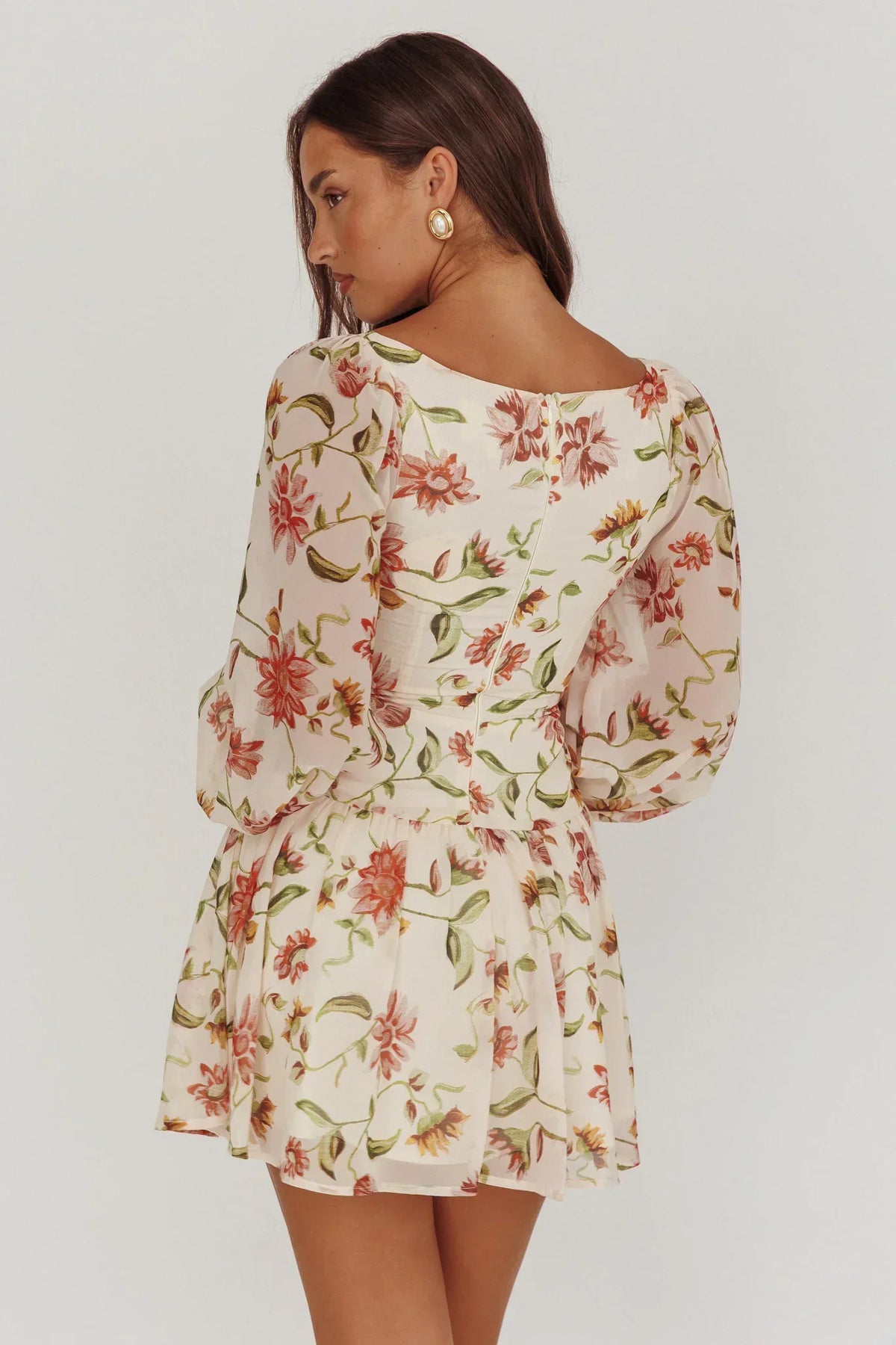 Robe Courte Évasée Manches Ballons Imprimé Fleuri Beige Lucky One