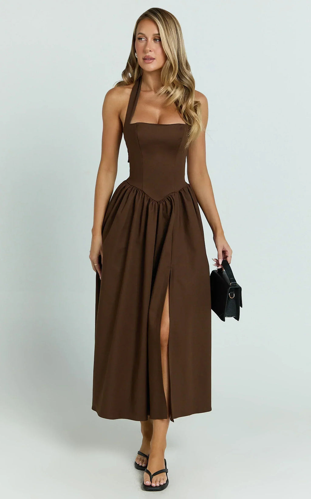 Robe midi Helda – Robe à panneau corset avec licou à nouer couleur chocolat