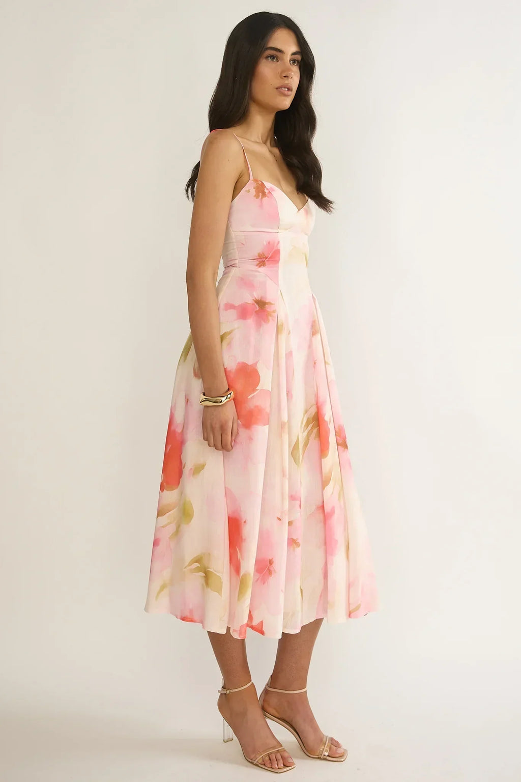 Robe midi à taille plissée "Get My Attention" rose fleuri