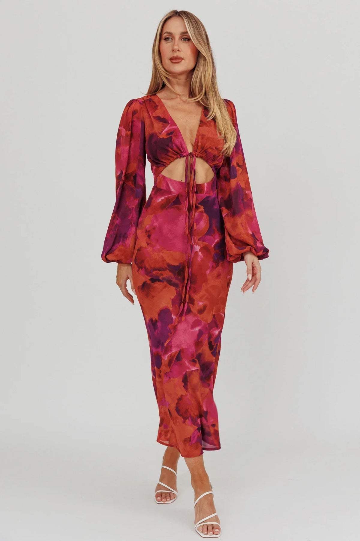 Robe midi Aurora Dreams avec découpes à la taille - Rose foncé
