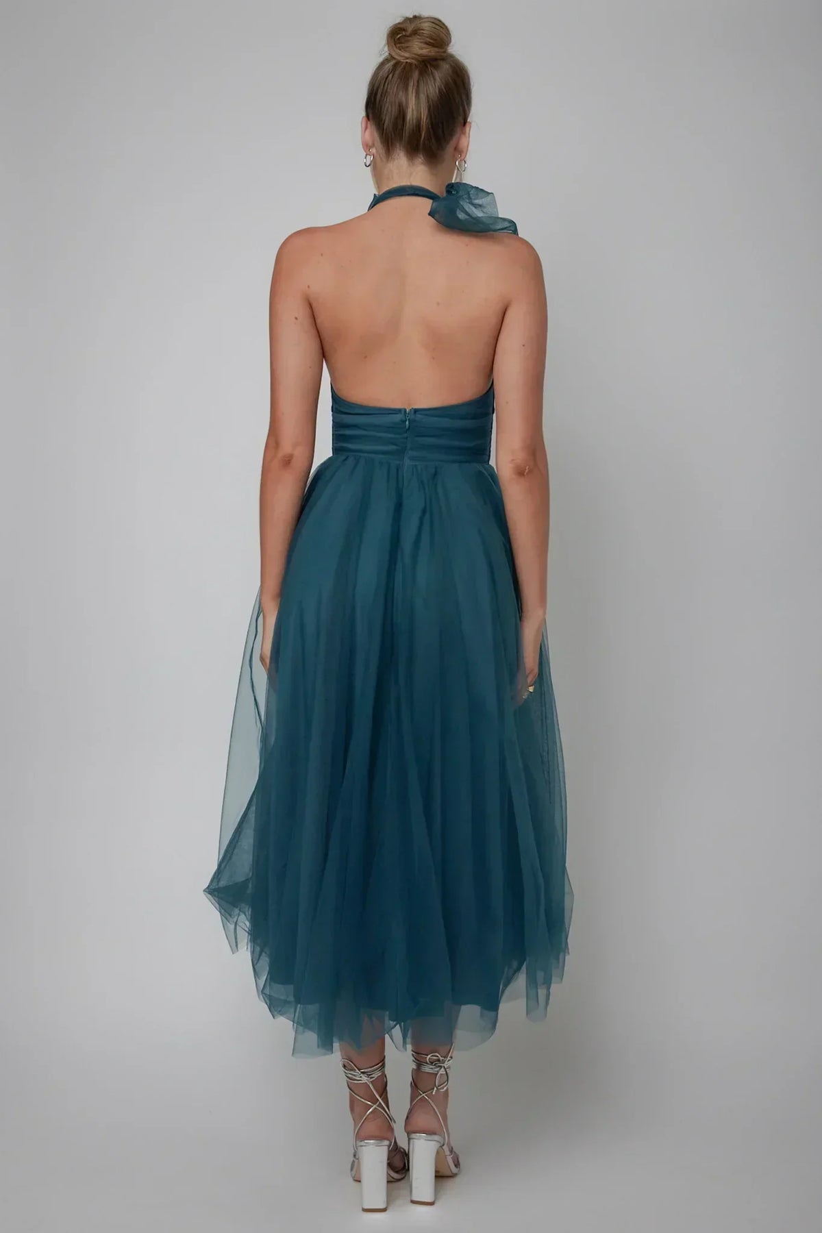 Robe midi en tulle à encolure américaine Andria sarcelle