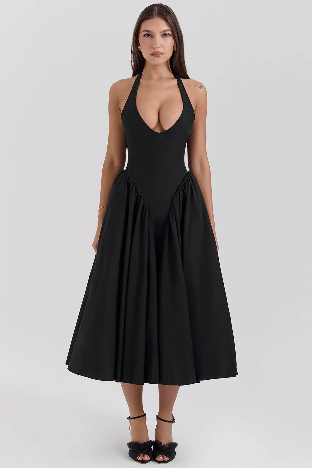 black twill halter midi dress
