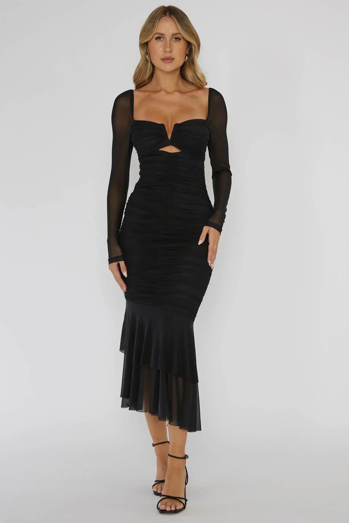 Robe midi noire Nadia à manches longues et coupe sirène