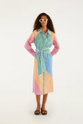 Robe midi ceinturée brodée à rayures multicolores