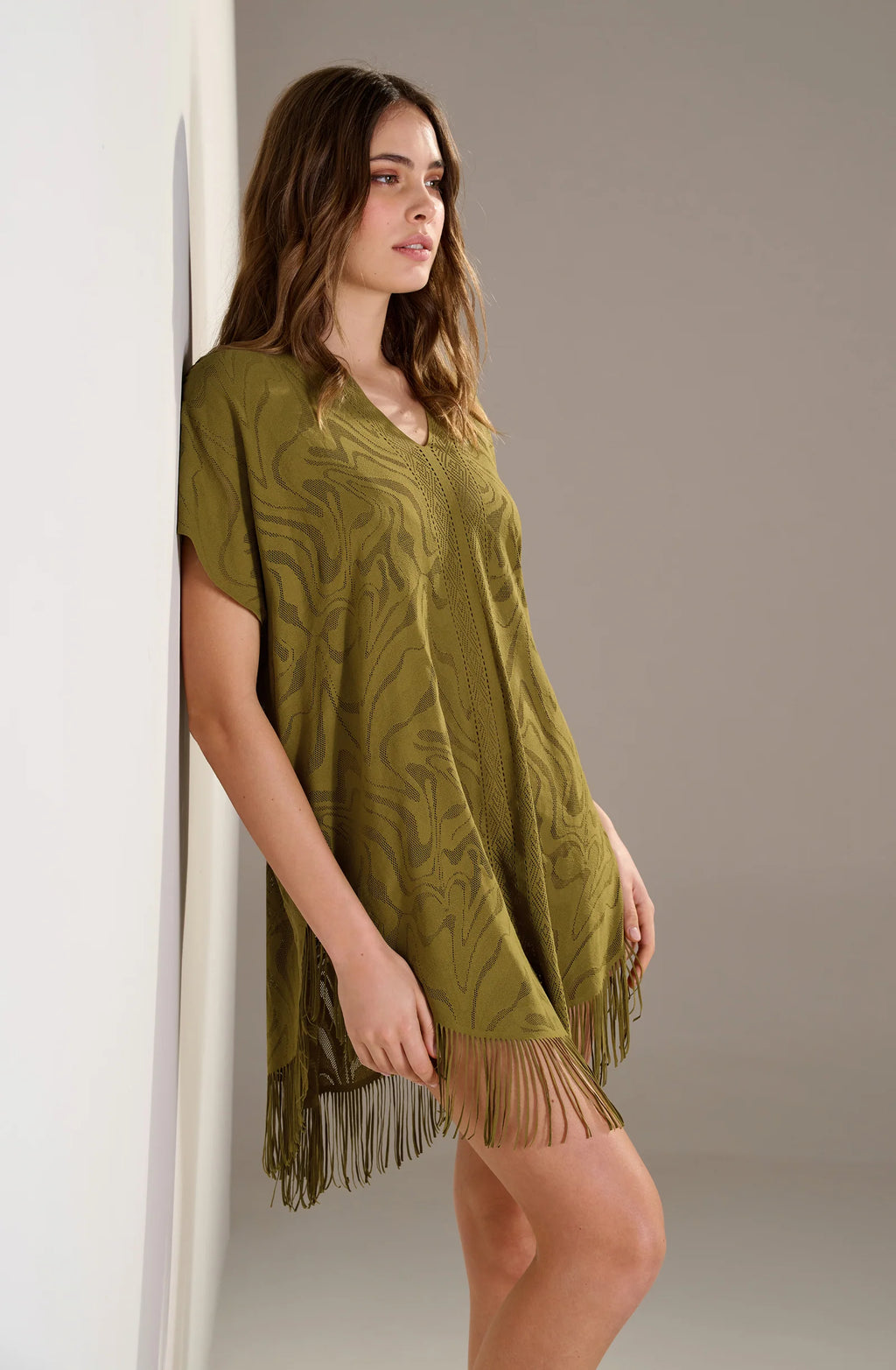 pery Jade lace fringed poncho tunic