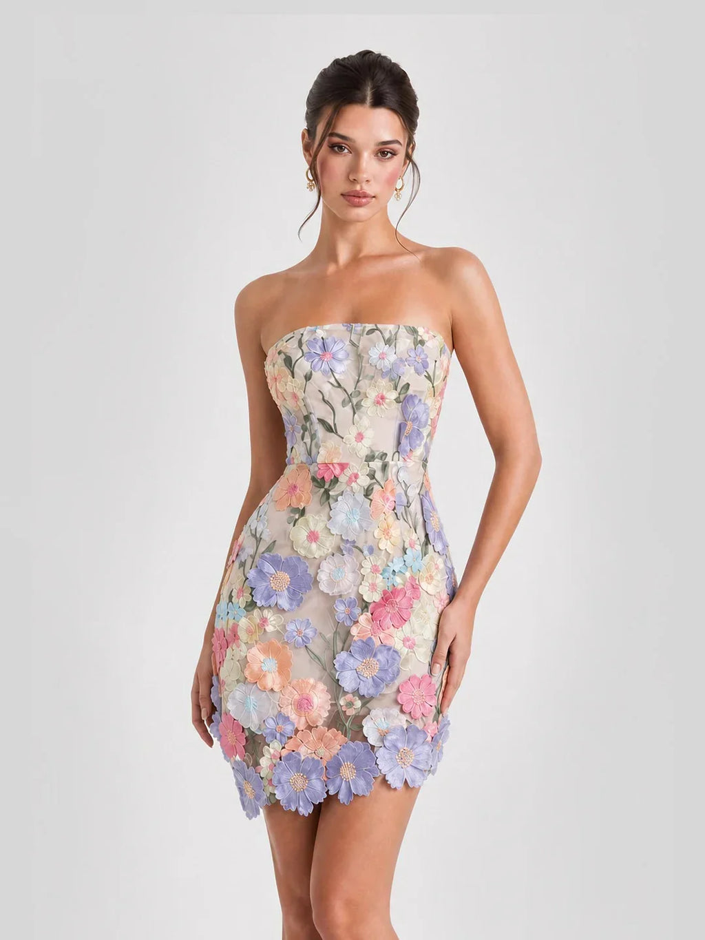 Robe mini bustier en tulle avec appliqués floraux 3D